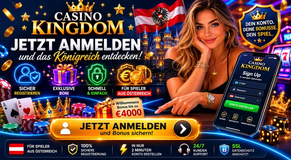 Casino Kingdom Sign Up Banner für Österreich mit luxuriösem blau-goldenem Casino-Design, Smartphone, Willkommensbonus und sicherer Registrierung