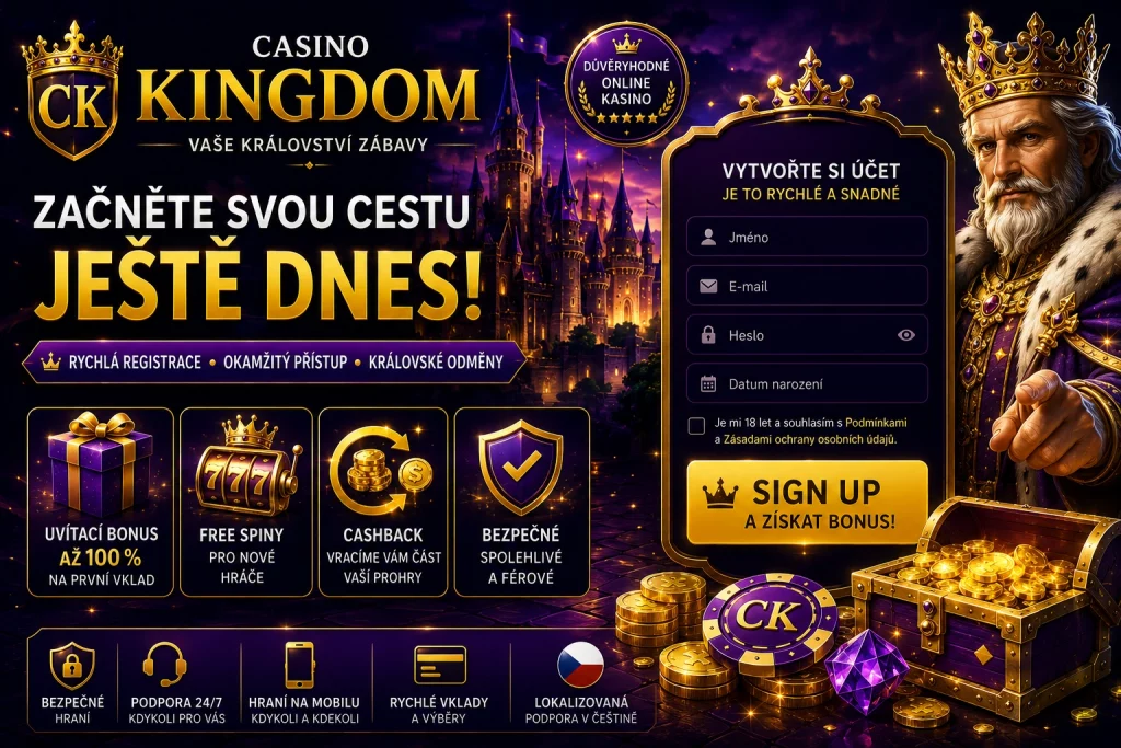 Casino Kingdom Sign Up Czech Republic banner with luxury casino registration screen, glowing gold coins, royal purple atmosphere, and premium online gaming style