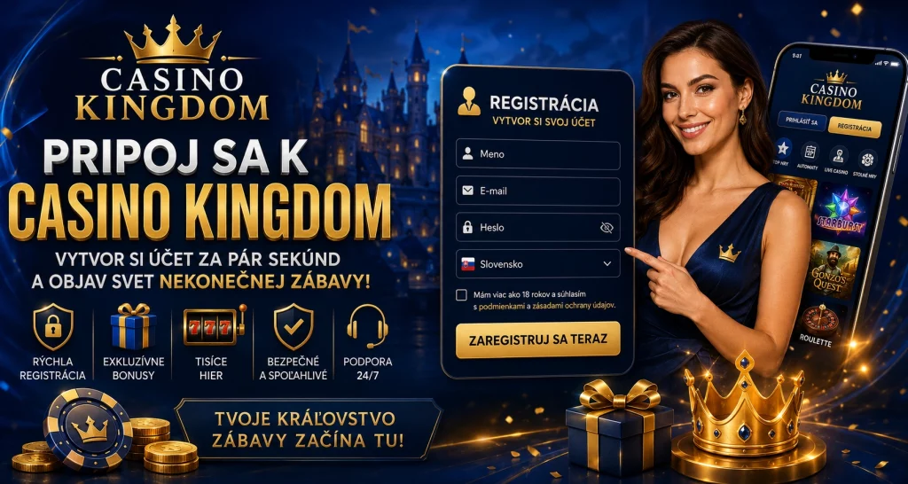 Casino Kingdom Sign Up banner pre Slovensko s moderným registračným formulárom, bezpečnostnými ikonami, mobilným telefónom a luxusným modro-zlatým kasínovým dizajnom
