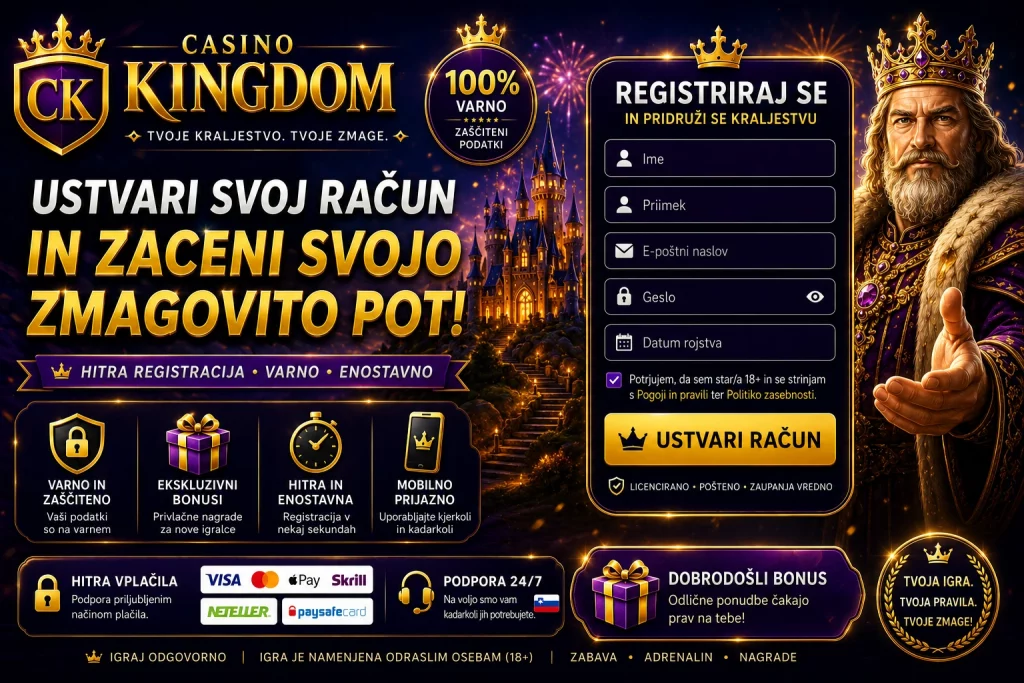 Casino Kingdom Sign Up Slovenia banner featuring secure account registration, royal casino theme, golden crown, luxury gaming atmosphere, mobile-friendly sign-up process, and welcome rewards for Slovenian players.