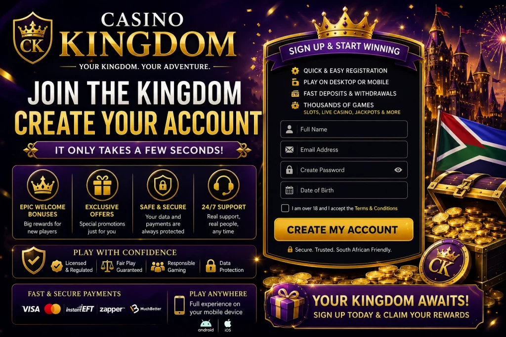 Casino Kingdom Sign Up South Africa banner with secure registration form, mobile casino access, glowing gold rewards, and premium gaming atmosphere