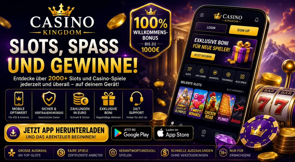 Casino Kingdom Automatenspiele Banner mit modernen Slots, Gates of Olympus, Sweet Bonanza, Aviator und mobilen Casino-Spielen für deutsche Spieler.