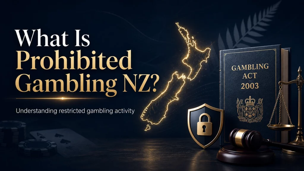 What is prohibited gambling NZ guide with New Zealand map, Gambling Act 2003 book, legal scales, shield lock, and dark casino-style background.