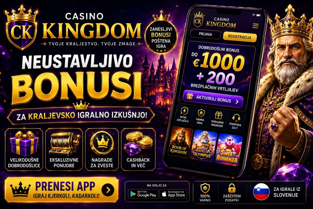 Casino Kingdom Bonus Slovenia banner with premium casino rewards, free spins, golden coins, royal crown, luxury gaming atmosphere, and exclusive bonus offers for Slovenian players.
