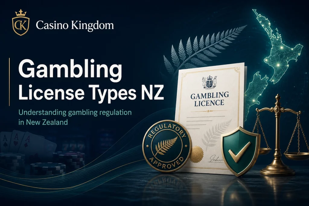 Gambling License Types NZ guide by Casino Kingdom with New Zealand map, licence document, regulatory seal, shield, and legal scales on a dark casino-themed background.