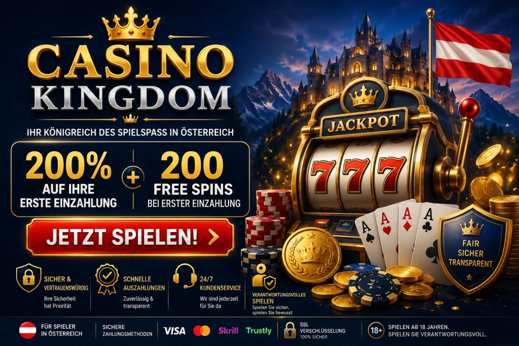 Luxuriöser Casino-Kingdom-Banner für Österreich mit goldener Krone, Spielautomaten, Spielkarten und königlichem Online-Casino-Design in Blau und Gold.