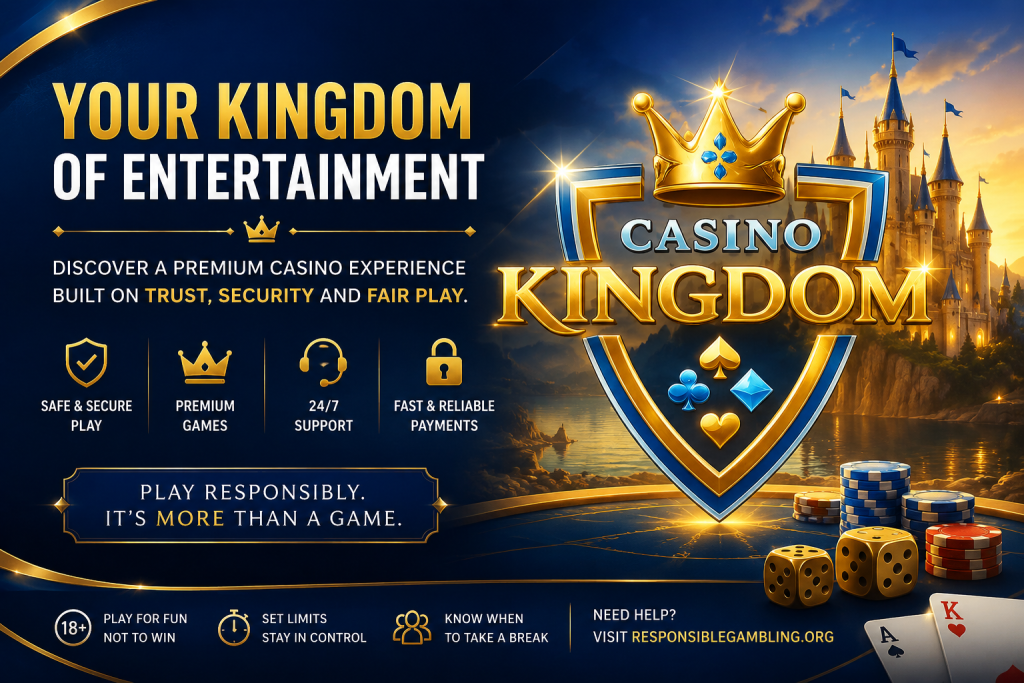 Casino Kingdom Canada banner with gold crown logo, royal castle background, casino chips, cards, dice and responsible gaming message.
