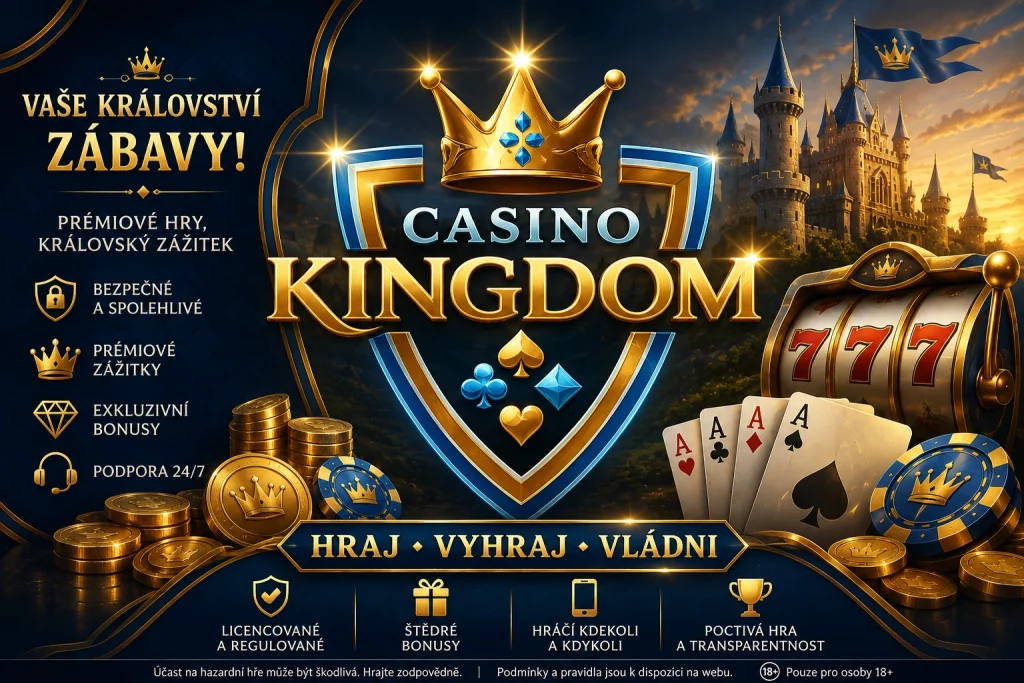 Luxusní banner Casino Kingdom v češtině se zlatou korunou, hracím automatem 777, kartami, mincemi a královským kasinovým motivem na tmavě modrém pozadí.