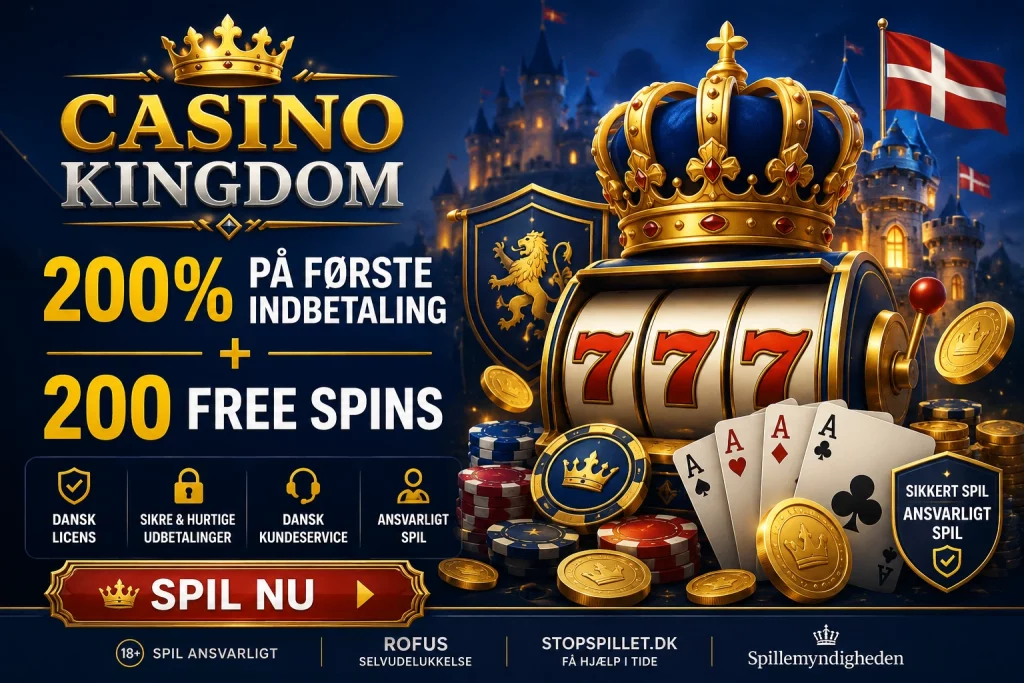 Dansk Casino Kingdom-banner med gylden krone, spilleautomater, mønter og luksuriøst online casino-design i blå og guld farver.