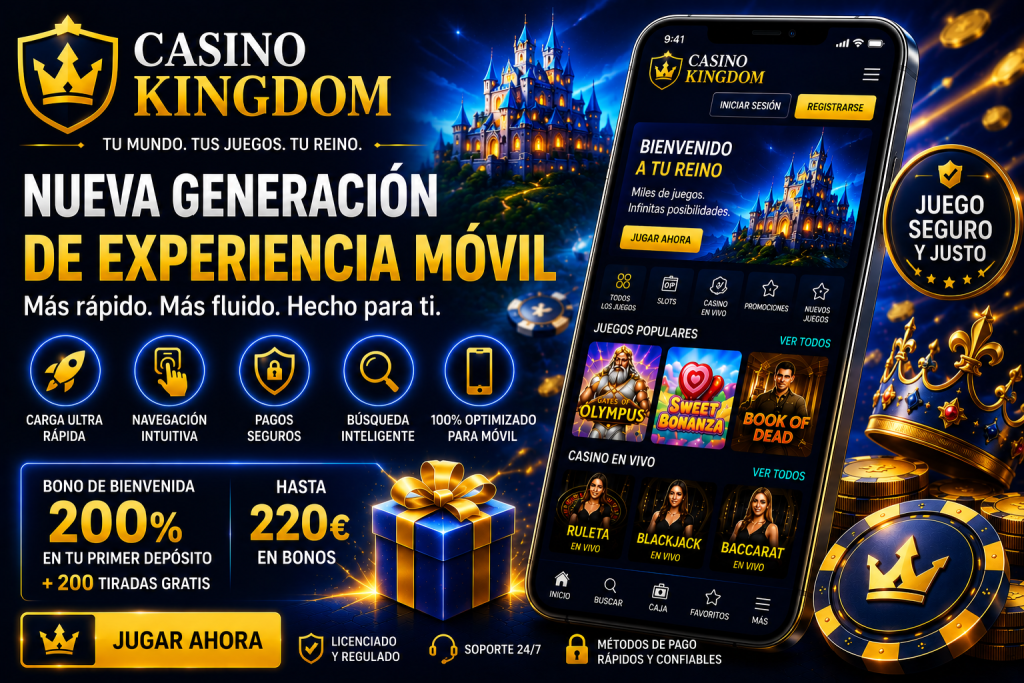 Banner moderno de Casino Kingdom en español con diseño premium azul y dorado, smartphone mostrando tragamonedas online y juegos de casino en vivo, efectos neón brillantes, ambiente lujoso de casino online y experiencia móvil optimizada para jugadores hispanohablantes.