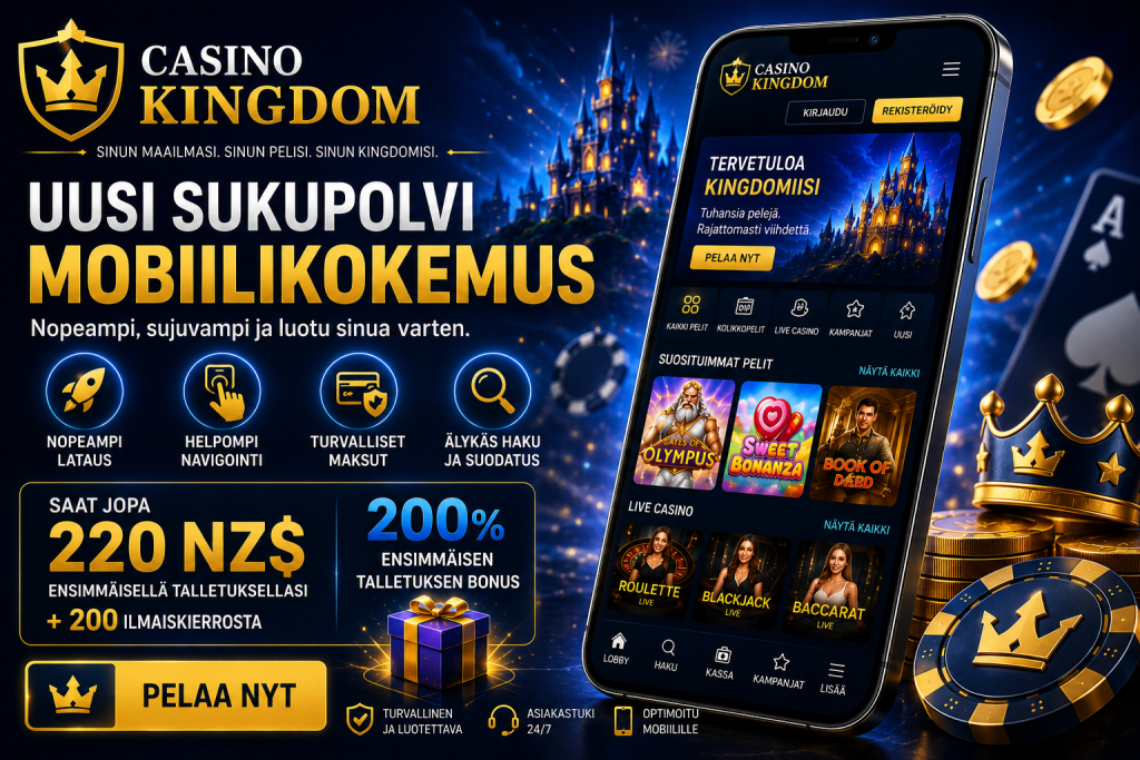 Modern Casino Kingdom mobile casino banner in Finnish with premium blue and gold design, smartphone displaying online slots and live casino games, glowing neon lighting, luxury gaming atmosphere, and optimized mobile casino experience for Finnish players.