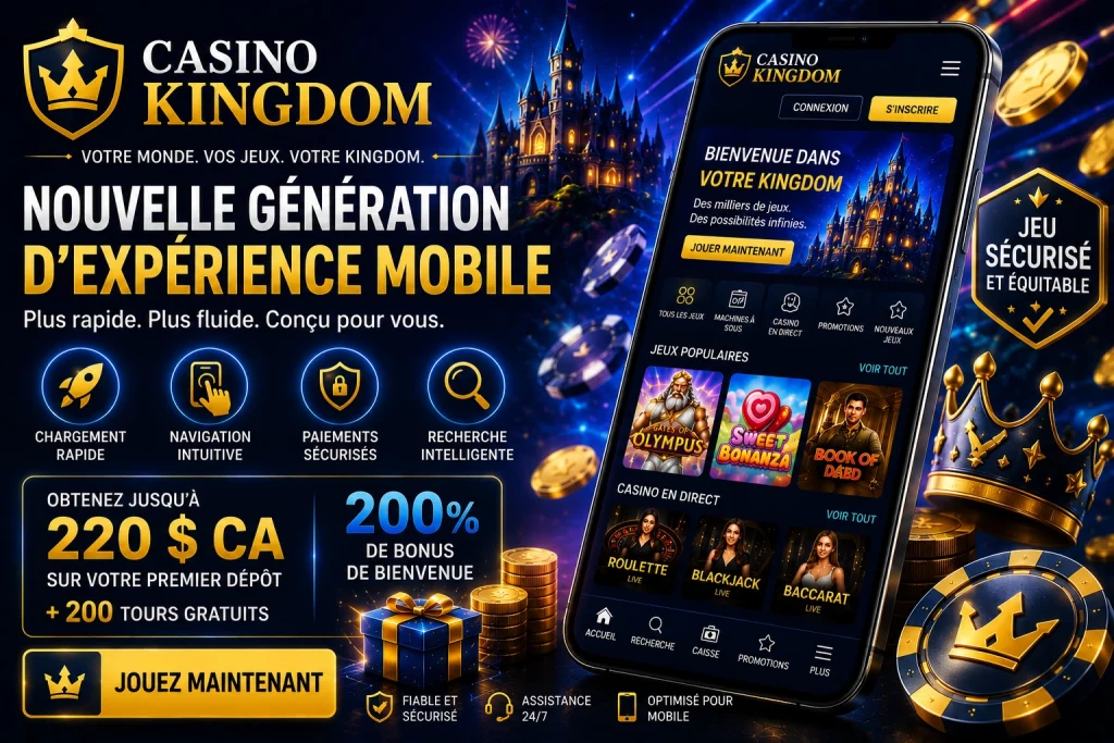 Bannière moderne Casino Kingdom en français avec design premium bleu et or, smartphone affichant des machines à sous et des jeux de casino en direct, effets néon lumineux, ambiance luxueuse de casino en ligne et expérience mobile optimisée pour les joueurs francophones.