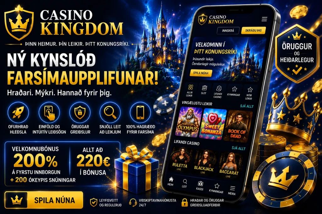 Modern Casino Kingdom banner in Icelandic with premium blue and gold casino design, smartphone displaying online slots and live casino games, glowing neon lighting, luxurious online gaming atmosphere, and optimized mobile casino experience for Icelandic players.