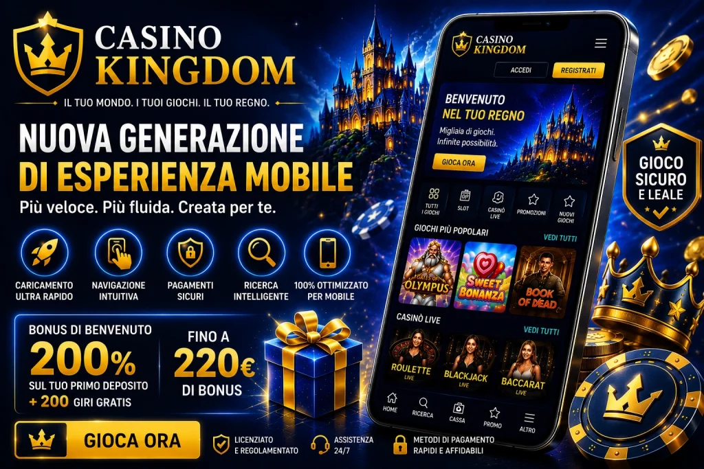 Banner moderno Casino Kingdom in italiano con design premium blu e oro, smartphone che mostra slot online e giochi da casinò live, effetti neon luminosi, atmosfera di lusso da casinò online ed esperienza mobile ottimizzata per giocatori italiani.