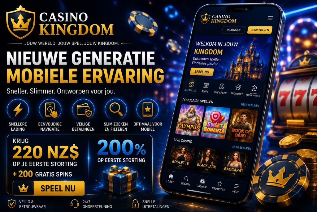 Modern Casino Kingdom banner in Dutch with premium mobile casino design, smartphone showing online slots and live casino games, blue and gold neon lighting, luxury gaming atmosphere, and optimized mobile gaming interface for Dutch-speaking players.
