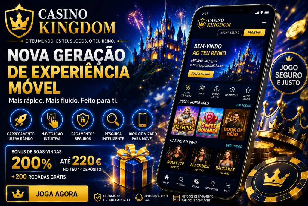 Banner moderno Casino Kingdom em português com design premium azul e dourado, smartphone exibindo slots online e jogos de casino ao vivo, efeitos neon brilhantes, atmosfera luxuosa de casino online e experiência móvel otimizada para jogadores de língua portuguesa.