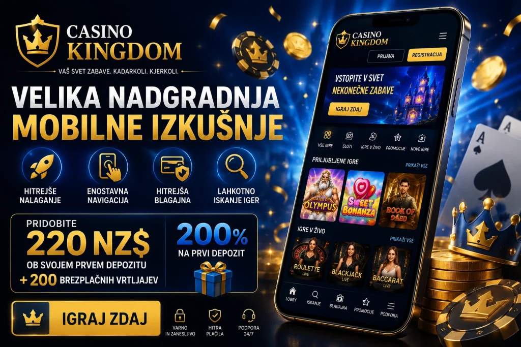 Modern Casino Kingdom mobile gaming banner with futuristic casino interface, smartphone displaying slot games, blue neon lighting, premium online casino atmosphere, and optimized mobile gaming design for Slovenian players.