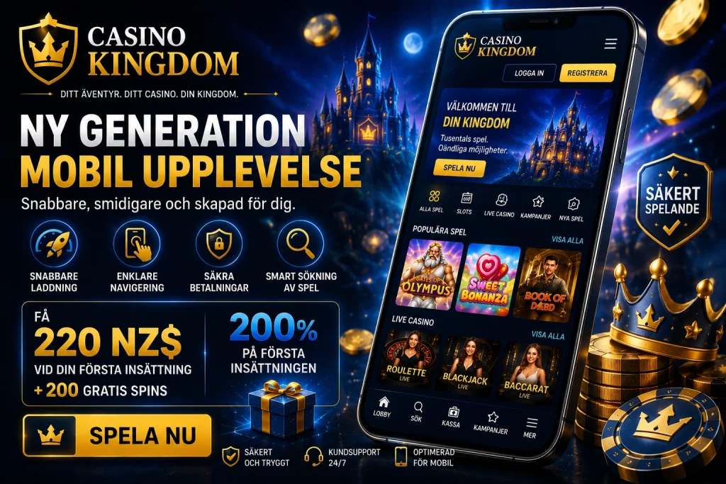 Modern Casino Kingdom mobile casino banner in Swedish with luxury blue and gold design, smartphone displaying slots and live casino games, glowing neon effects, premium online gaming atmosphere, and optimized mobile casino experience for Swedish players.