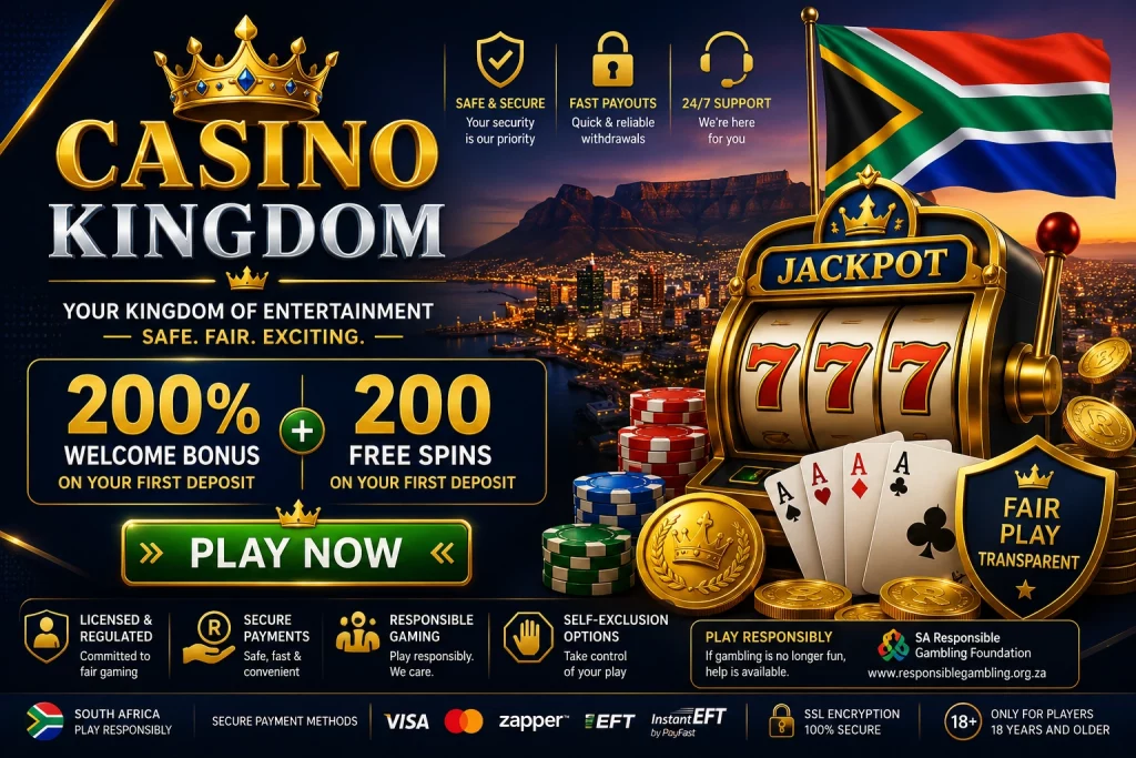 Luxury Casino Kingdom banner for South Africa featuring golden casino elements, slot machines, cards, coins, royal blue lighting, and a premium online casino atmosphere with South African styling.