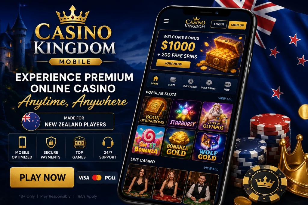Casino Kingdom Mobile NZ banner with premium dark blue and gold casino design, smartphone displaying online slots, live casino interface, glowing poker chips, jackpot symbols, and modern mobile gaming atmosphere for New Zealand players.