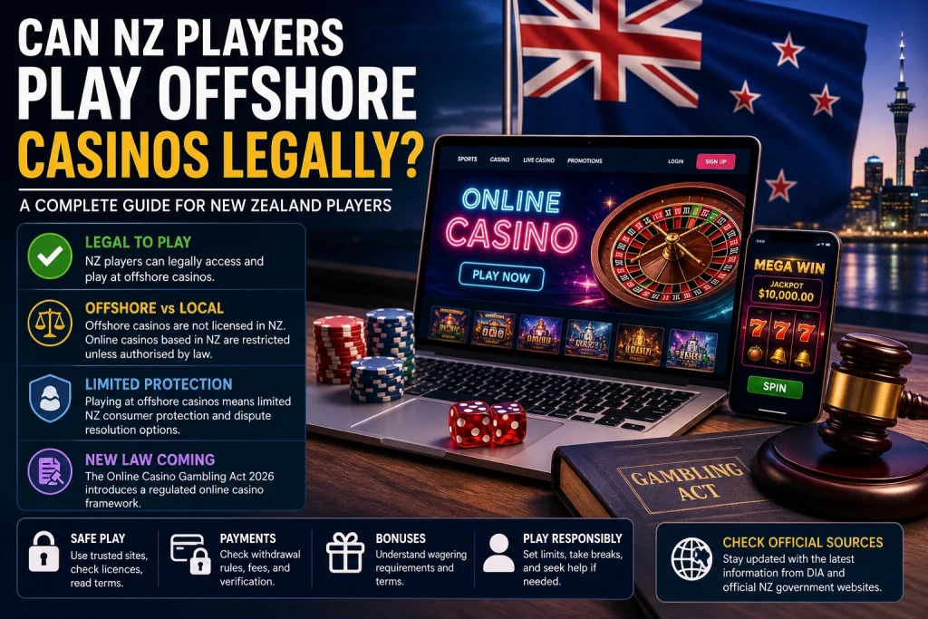 Casino Kingdom banner about whether NZ players can legally play offshore casinos, with New Zealand flag, online casino screen, legal icons, gambling act book, payment safety blocks, and responsible play guidance