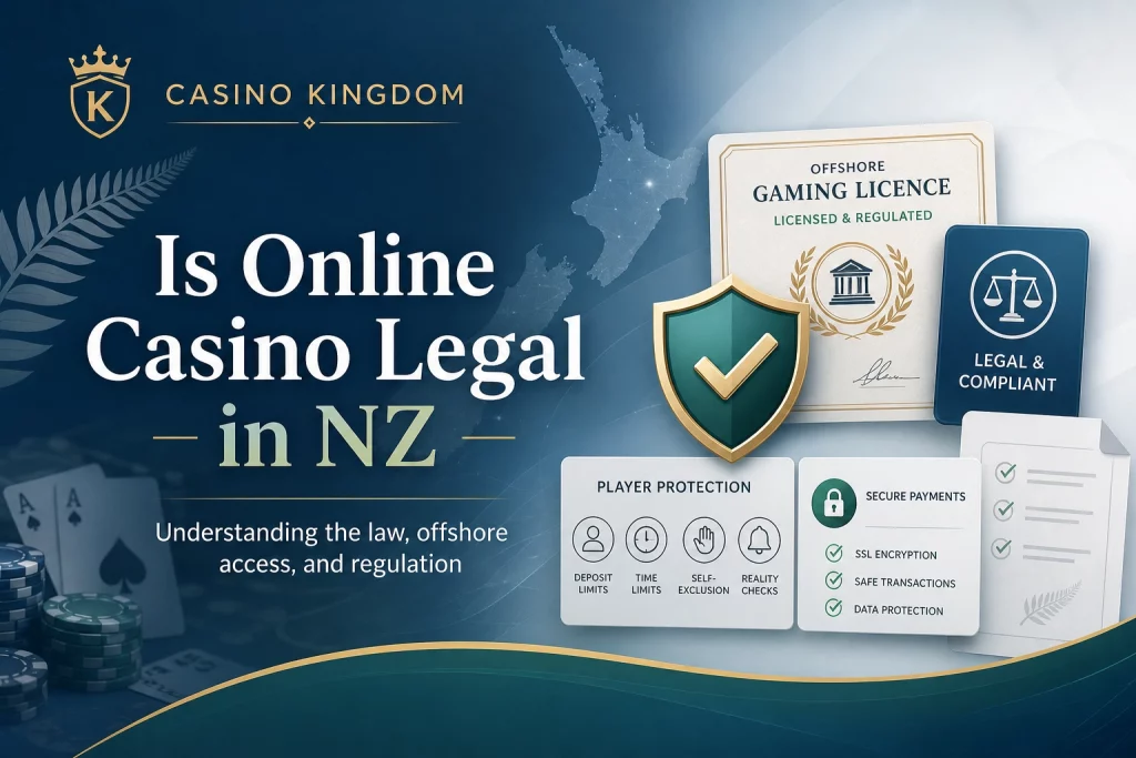 Casino Kingdom banner explaining whether online casino is legal in NZ, with New Zealand map, licence certificate, legal compliance icons, player protection tools, secure payments panel, and subtle casino elements