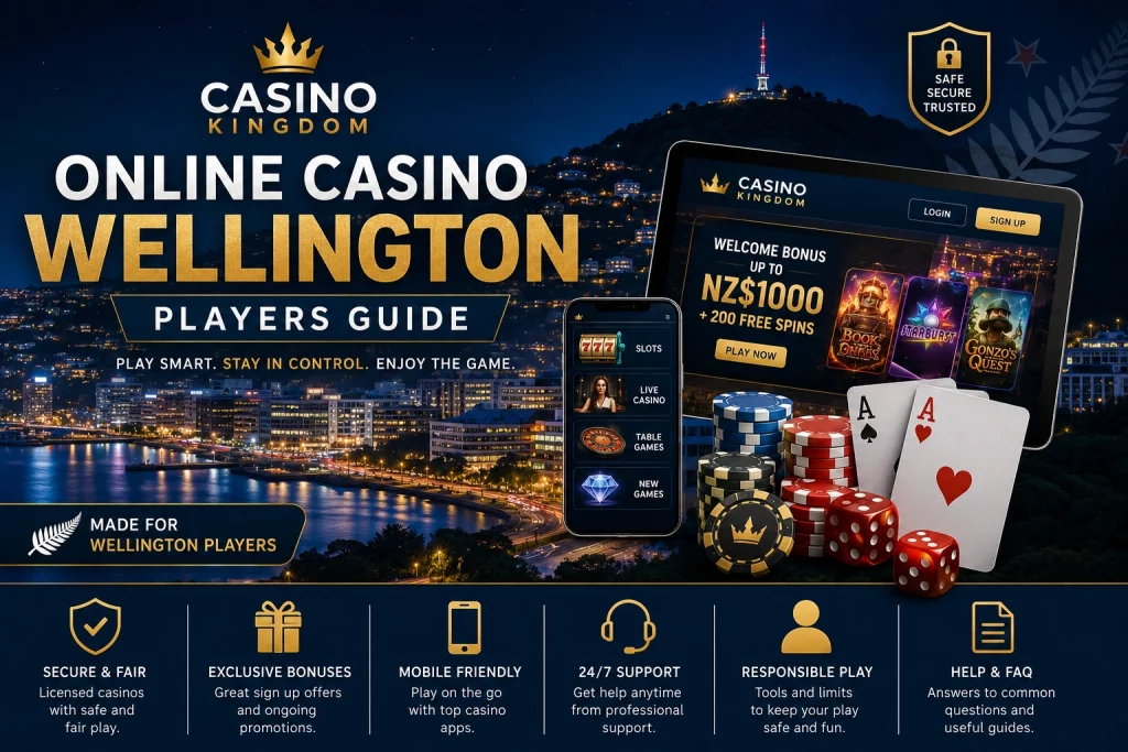 Online Casino Wellington Players Guide banner with Wellington night skyline, Casino Kingdom logo, mobile casino screens, cards, dice, chips and premium dark blue-gold design.