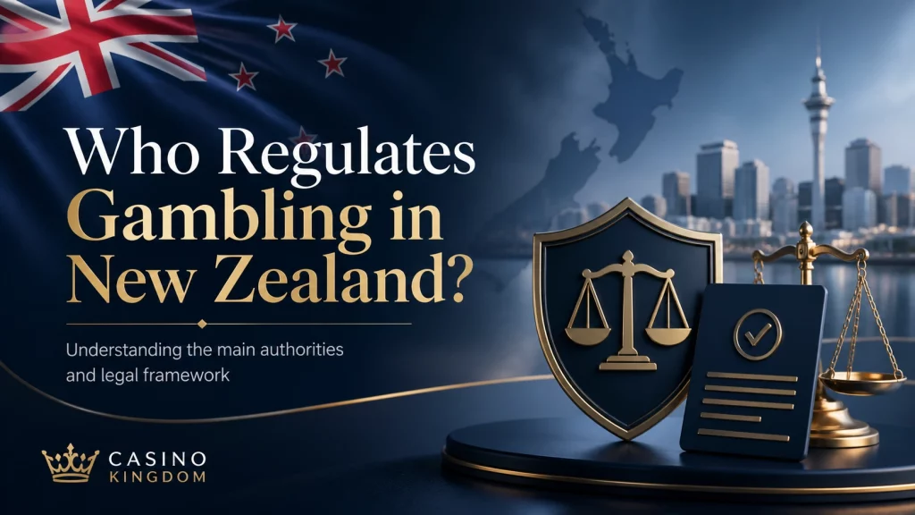 Elegant Casino Kingdom banner about who regulates gambling in New Zealand, featuring the NZ flag, Auckland skyline, legal scales, shield icon, compliance document, and premium blue-gold design