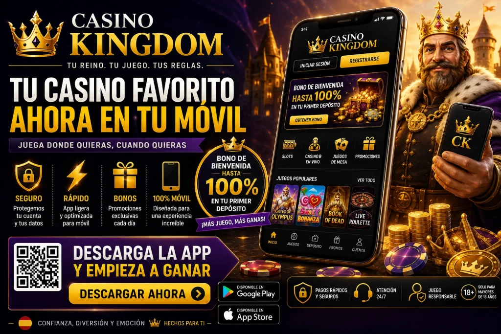 Casino Kingdom App España en smartphone, aplicación móvil de casino online, slots, casino en vivo, pagos seguros, promociones exclusivas y acceso rápido para jugadores españoles.
