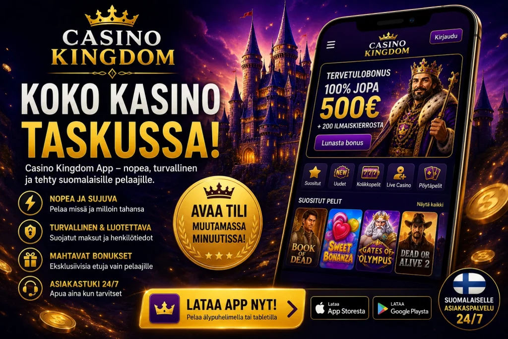 Casino Kingdom App Suomi mobiilikasino älypuhelimelle, turvallinen pelaaminen, kasinopelit, live casino, bonukset ja nopea tilinhallinta suomalaisille pelaajille