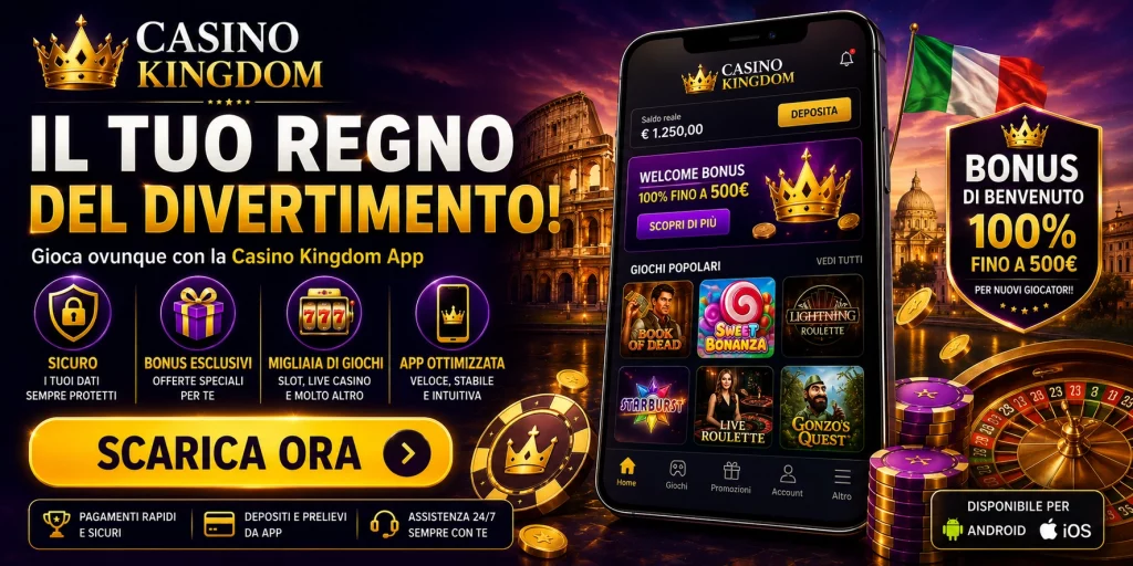 Casino Kingdom App Italia su smartphone, app mobile per casino online, slot machine, giochi live, pagamenti sicuri, bonus esclusivi e accesso rapido per giocatori italiani.