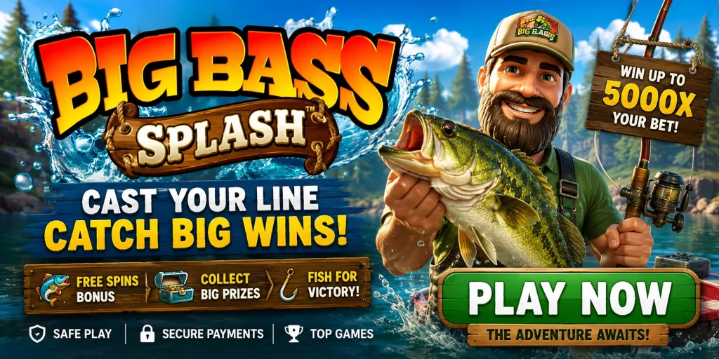 Big Bass Splash Casino Kingdom banner with smiling fisherman, giant bass, crystal-clear lake, wooden fishing dock, colorful reels, and adventure-inspired fishing atmosphere.