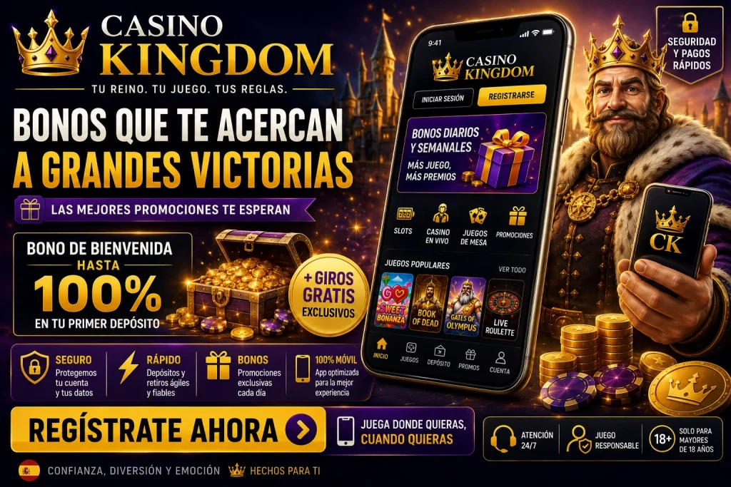Casino Kingdom Bonus España con bono de bienvenida, giros gratis, promociones exclusivas, recompensas VIP, pagos rápidos y ofertas especiales para jugadores españoles.