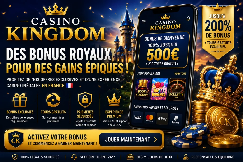 Casino Kingdom Bonus France bonus de bienvenue, tours gratuits, promotions exclusives, programme VIP, paiements sécurisés et offres casino pour joueurs français
