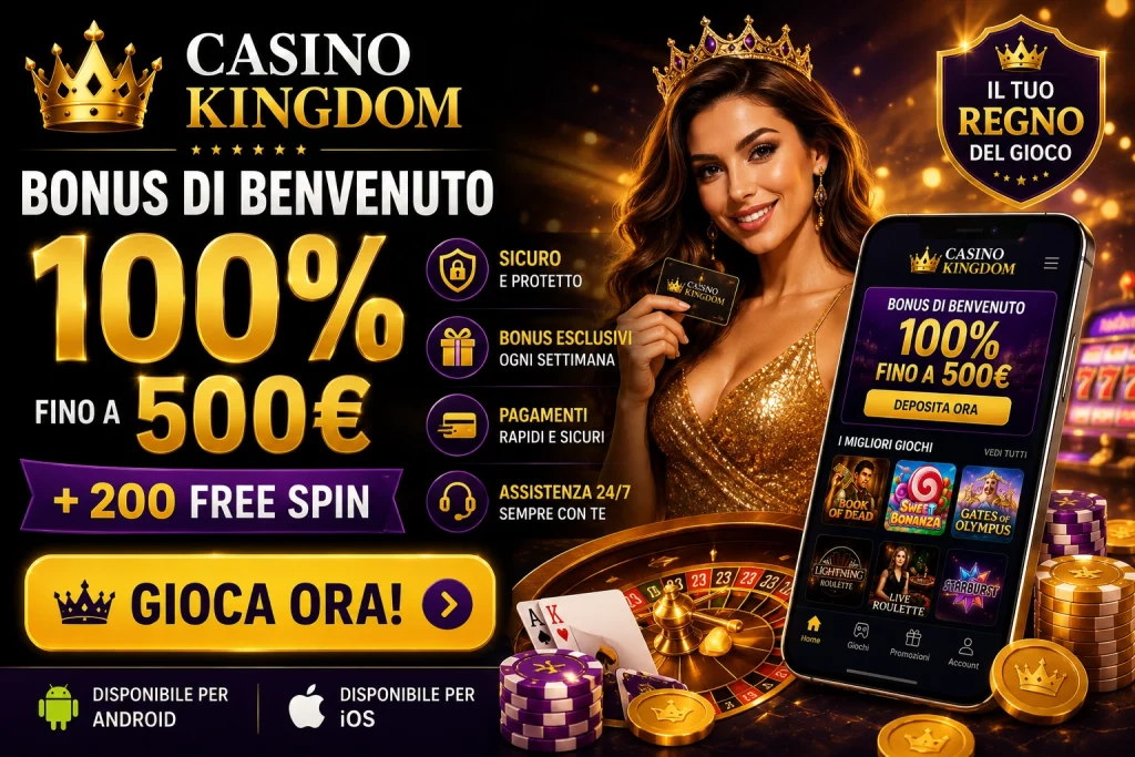 Casino Kingdom Bonus Italia con bonus di benvenuto, free spin, cashback, promozioni VIP, offerte esclusive e premi dedicati ai giocatori italiani.