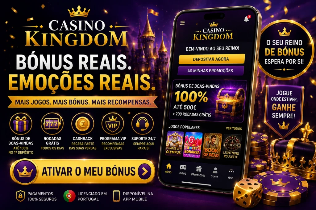 Casino Kingdom Bonus Portugal com bónus de boas-vindas, rodadas grátis, cashback, programa VIP, promoções exclusivas e recompensas para jogadores portugueses.