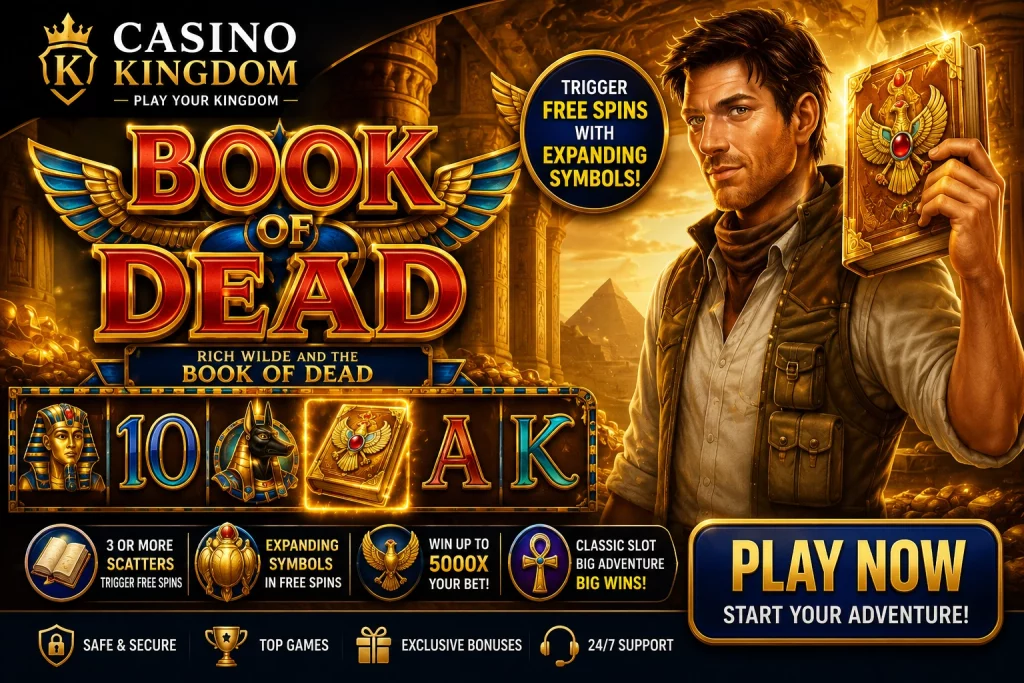 Book of Dead Casino Kingdom banner with Egyptian temple, explorer, golden book, free spins and expanding symbols.