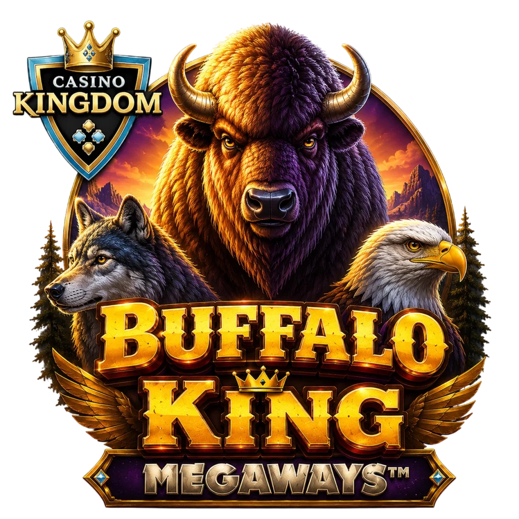 Buffalo King Megaways Casino Kingdom banner with majestic buffalo, wolf, eagle, mountain landscape, golden Megaways logo, and transparent background.