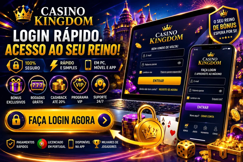 Casino Kingdom Login Portugal com acesso seguro à conta, pagamentos rápidos, gestão de perfil, promoções exclusivas, casino móvel e experiência otimizada para jogadores portugueses.