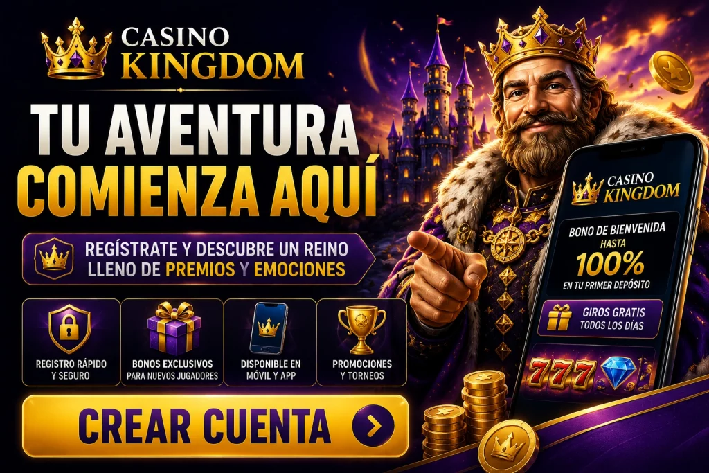 Casino Kingdom Sign Up España con registro rápido, bono de bienvenida, acceso seguro, promociones exclusivas, experiencia móvil optimizada y creación de cuenta para jugadores españoles.