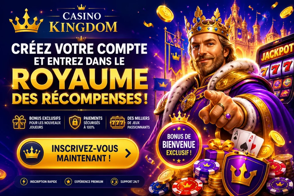 Casino Kingdom Sign Up France inscription en ligne, bonus de bienvenue, création de compte rapide, casino mobile, paiements sécurisés et accès instantané aux jeux pour les joueurs français.