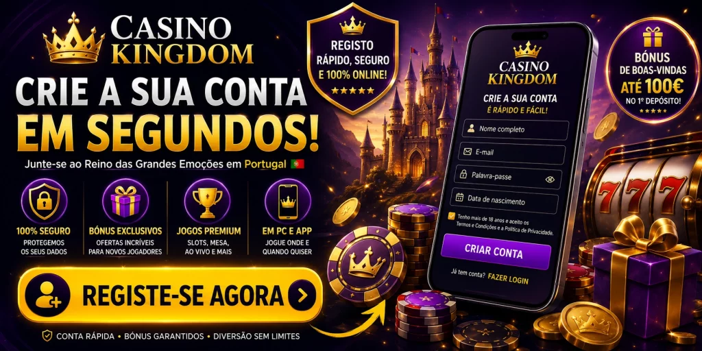 Casino Kingdom Sign Up Portugal com registo rápido, conta segura, bónus de boas-vindas, acesso móvel, promoções exclusivas e experiência otimizada para jogadores portugueses.