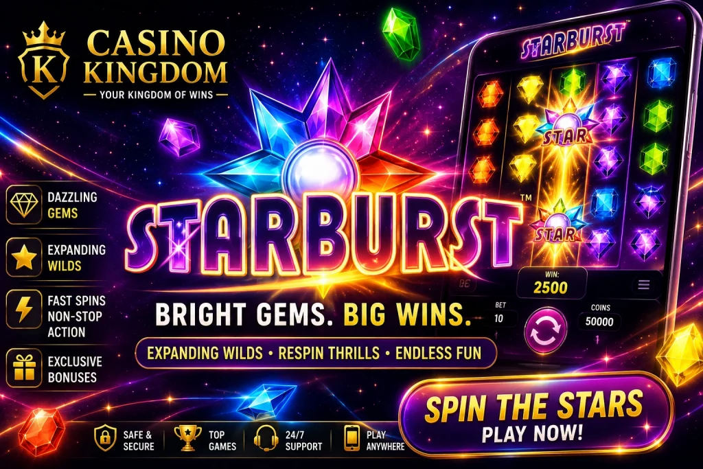 Starburst Casino Kingdom banner featuring colorful gems, expanding wilds, cosmic background, and vibrant slot gameplay.