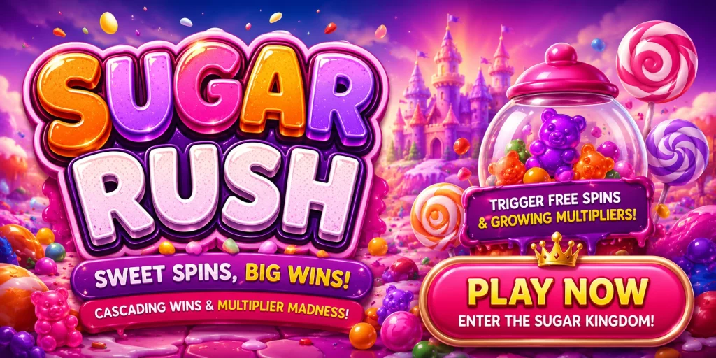 Sugar Rush banner with colorful candy world, gummy bears, lollipops, free spins, growing multipliers and play now button.