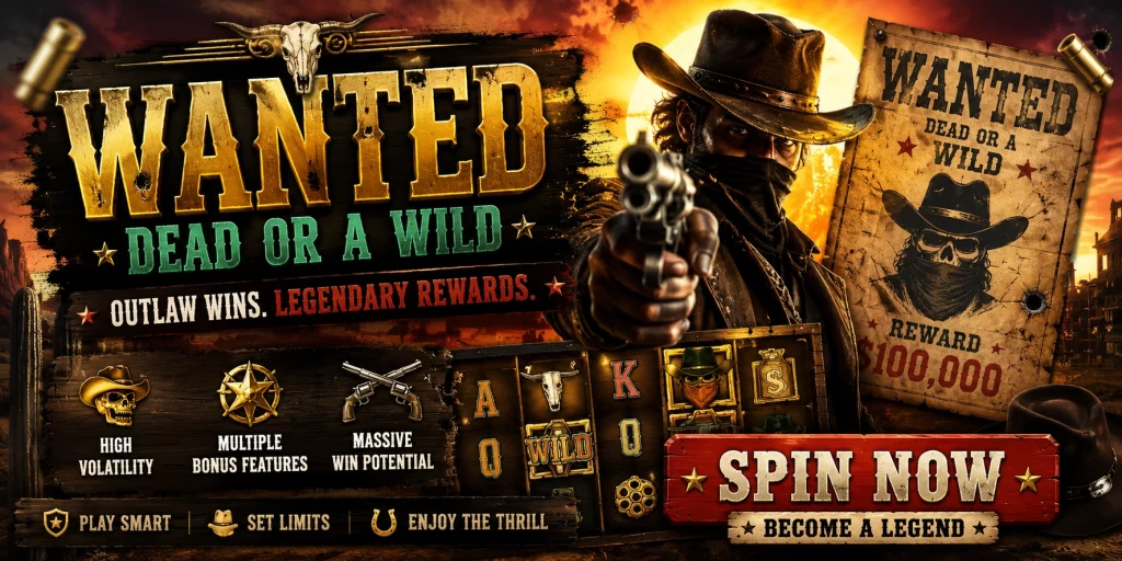 Wanted Dead or a Wild banner with dark Western saloon theme, outlaw character, wanted poster, bonus features, high volatility symbols, and spin now button.