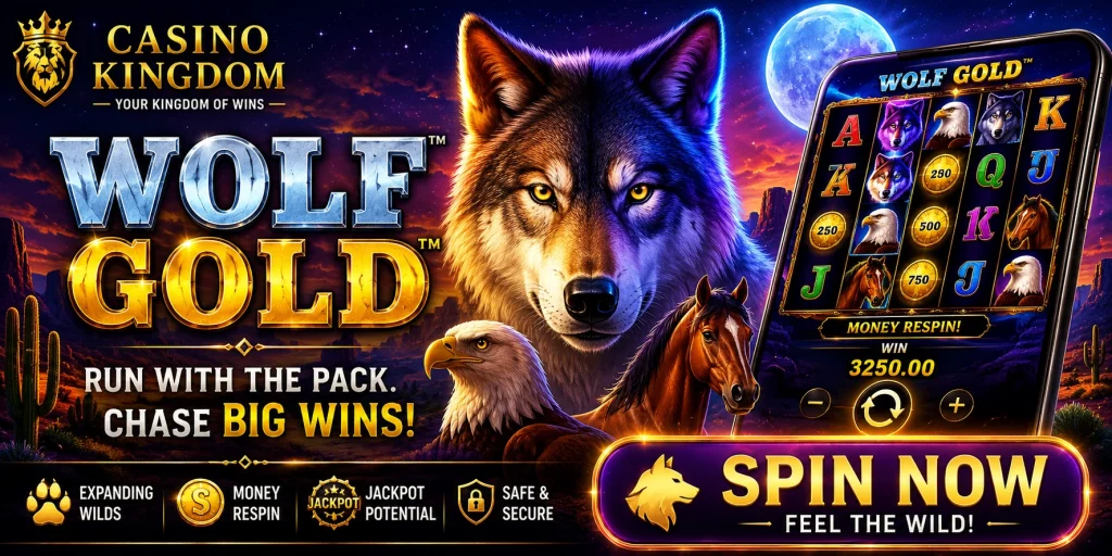 Wolf Gold Casino Kingdom banner with wolf, desert canyon, full moon, money respin feature, gold coins and mobile slot gameplay.